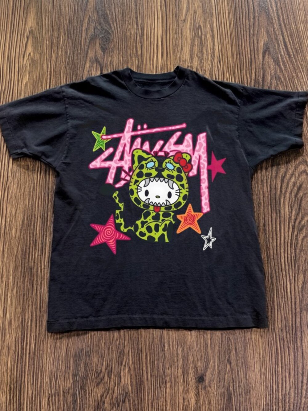 Black Stussy Graphic Hello Kitty Leopard T-Shirt
